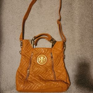 Brand New Orange butter soft leather purse long strap gold emerald on front
